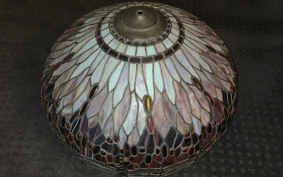 A Tiffany stained-glass lamp shade padded and boxed, marked top-up for handling.